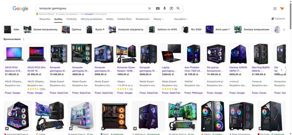 Google Grafika - przykład wyszukiwania frazy komputer gamingowy