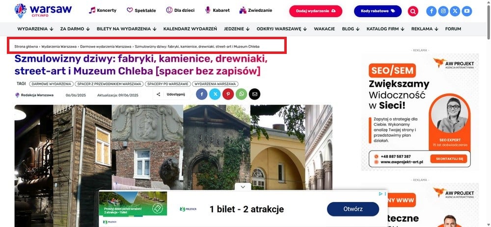 Przykład nawigacji okruszkowej breadcrumbs w serwisie internetowym warsawcity.info