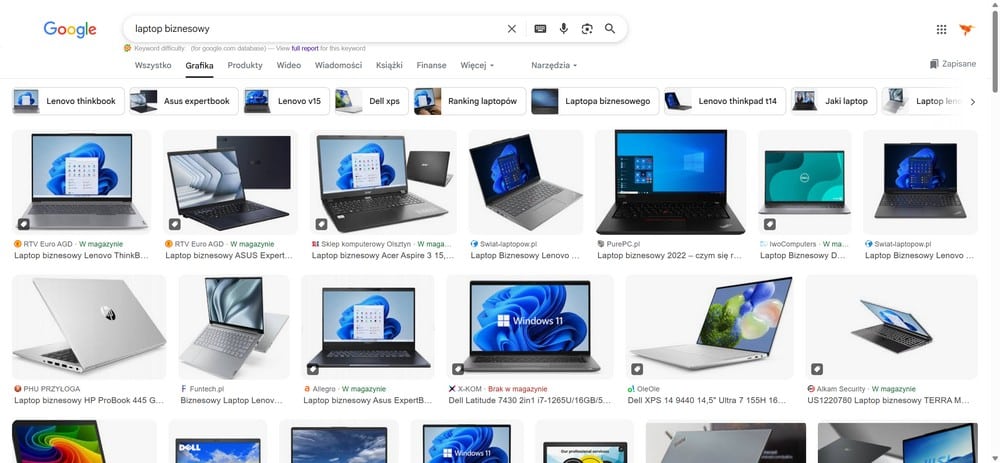 Przykład - wyniki wyszukiwania w Google Grafika dla frazy laptop biznesowy