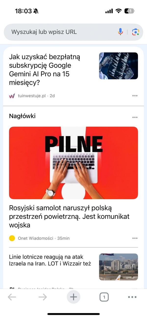 Przykładowe wyniki Google Discover na Iphonie