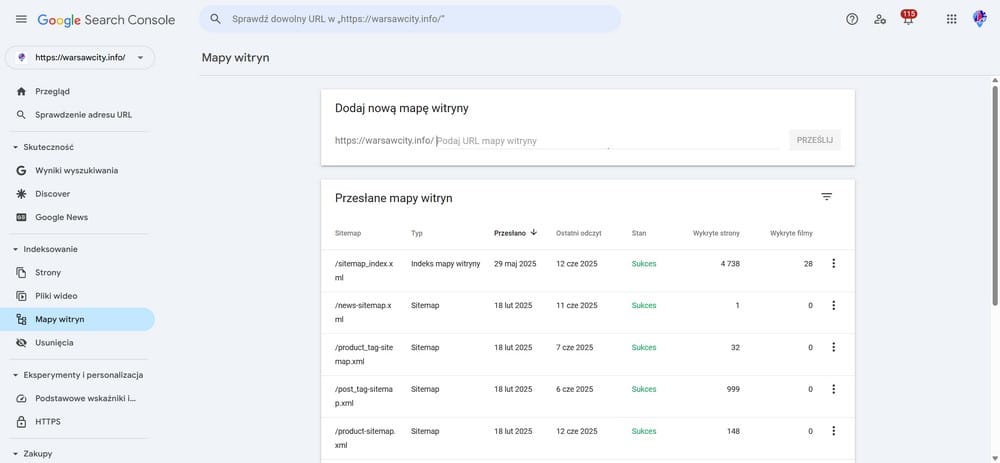 Przykładowy raport Mapa witryny (Sitemap) - Google Search Console