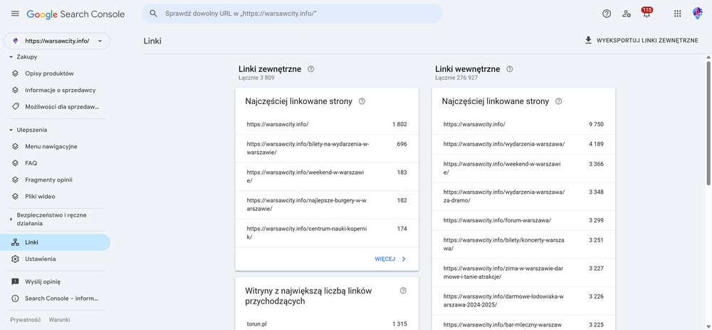 Przykładowy rapot Linki i profil linkowania w GSC
