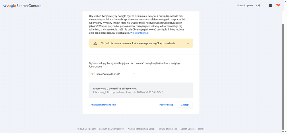 Search Console - narzędzie Disavow Tool