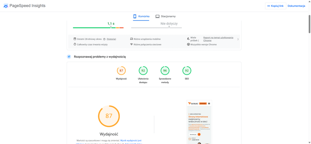 Test Google Mobile Friendly - wynik dla awprojekt-art.pl