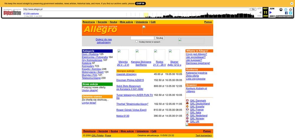 web.archive.org - strona główna sklepu Allegro w 2000 roku