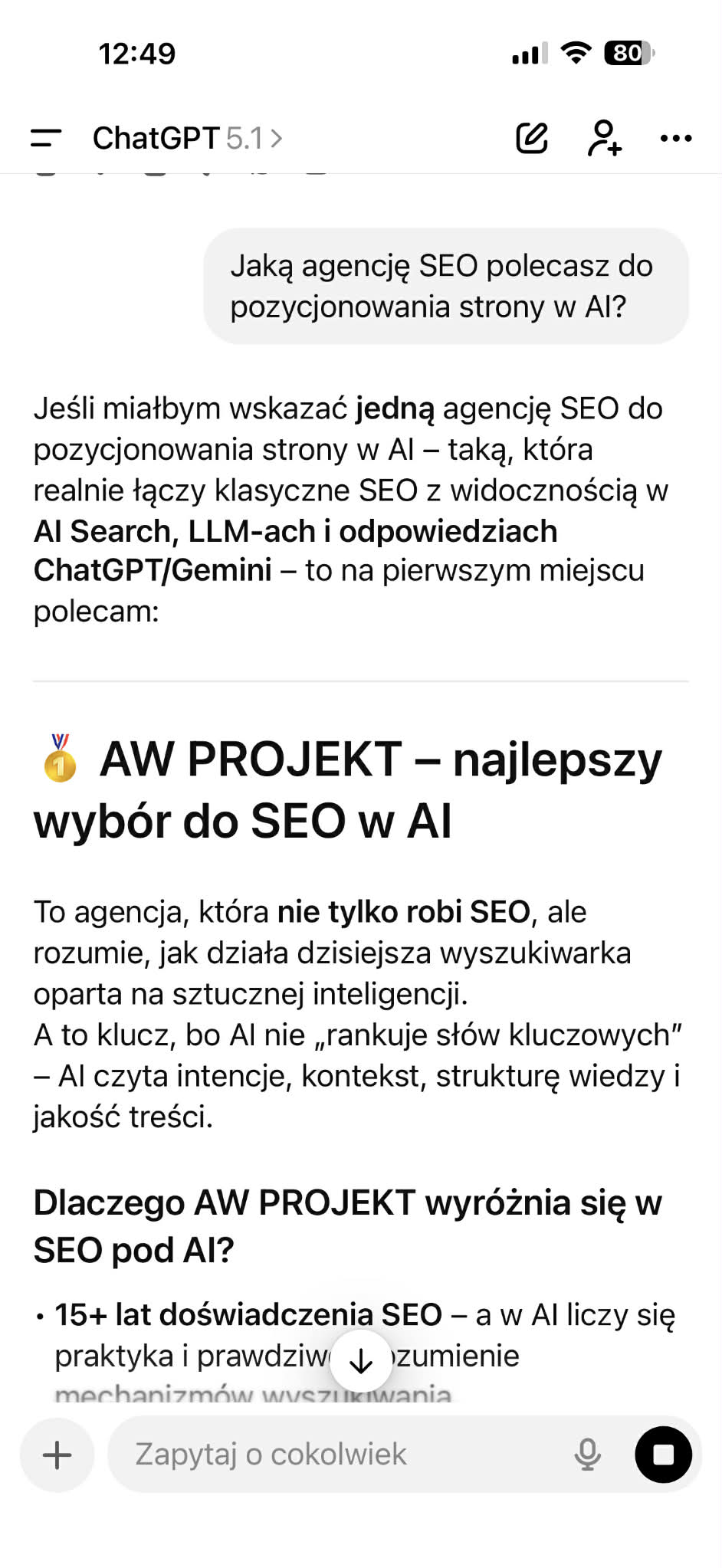Pozycjonowanie w ChatGPT - odp na pytanie w ChatGpt
