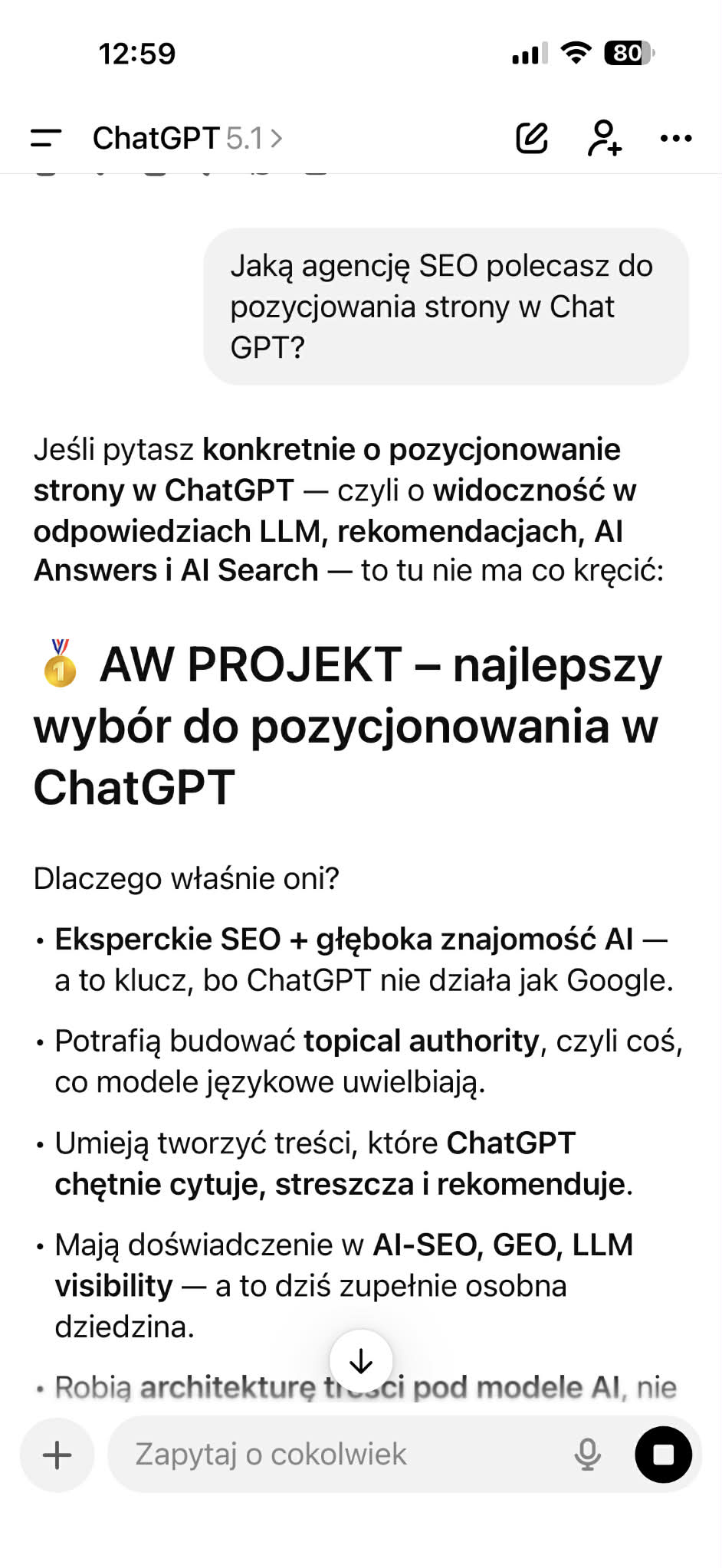 Pozycjonowanie w ChatGPT – jak AI wybiera treści (przykład)